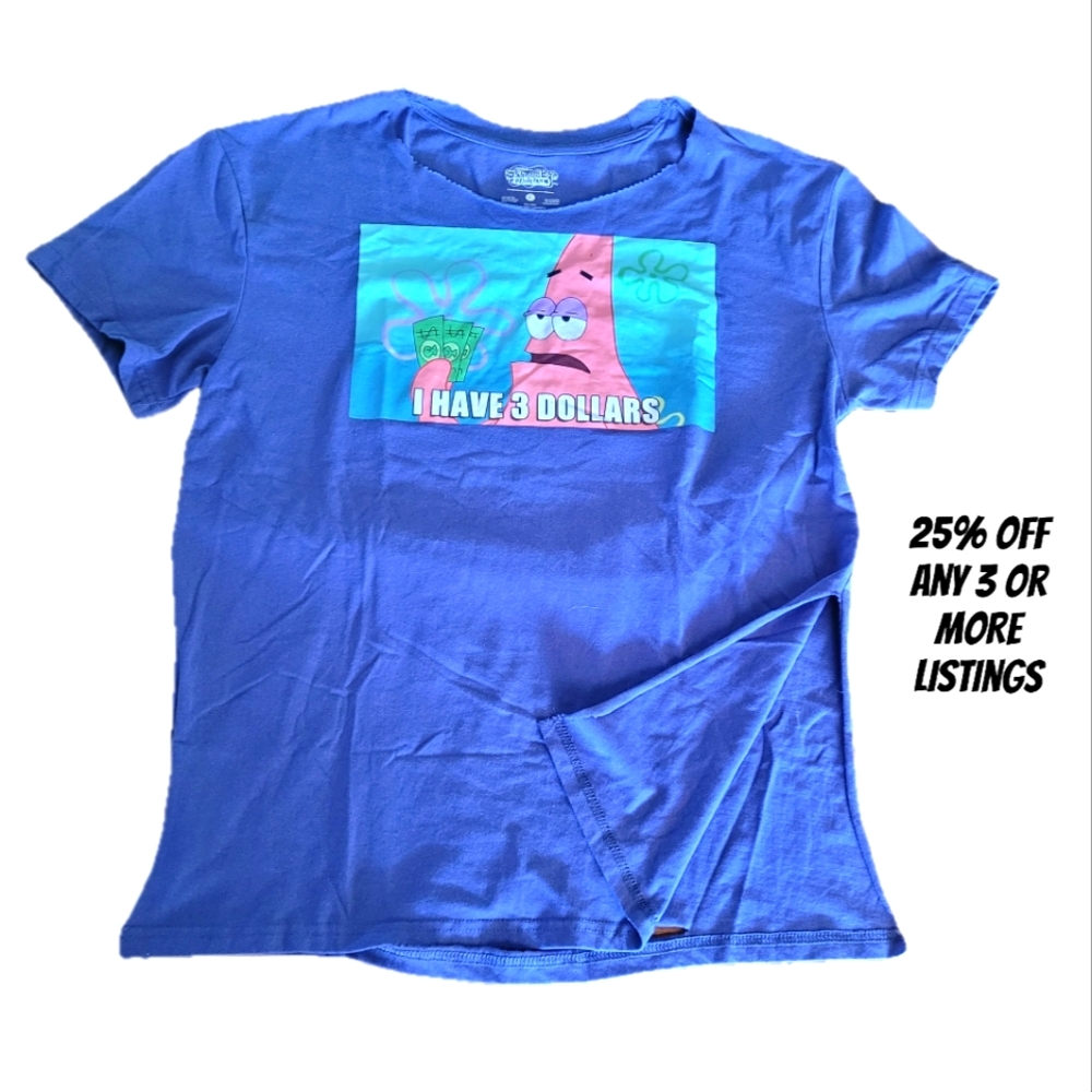 SpongeBob Square Pants Blue Graphic T-Shirt Tee Distressed Cutout Patrick